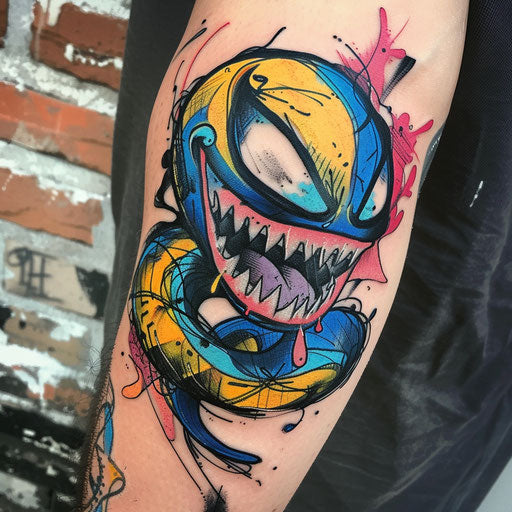 Playful tattoo sketch of a venomous cartoon character, flat style with bright primary colors
