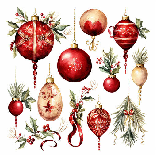 Christmas decorations clipart in the style of Chiaroscuro Art on white background
