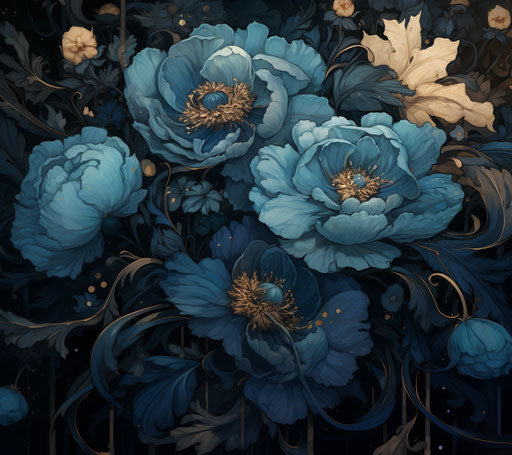 Blue flowers of 19:17 in infused symbolic style