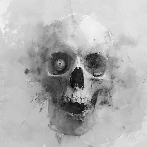 Skull with scary eyes with a bite, theatrical atmosphere