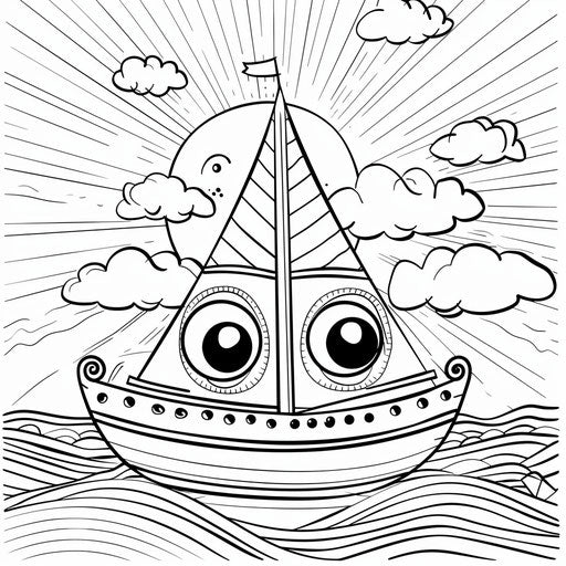 Cheerful cartoon boat sailing on sunny sea