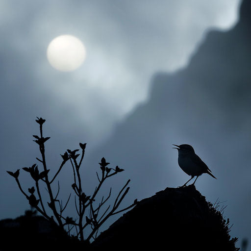 Singing wren at dawn, silhouette in misty landscape