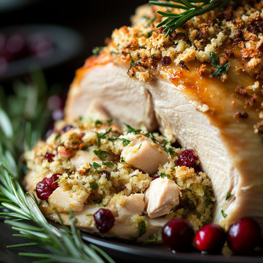 Stuffed turkey with herbs and breadcrumbs, garnished with rosemary and cranberries