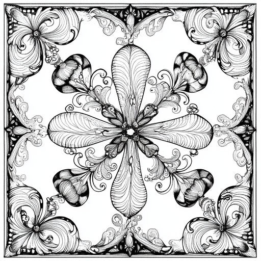 Intricate lace with a plant in the style of Gennady Spirin, Coloring book page