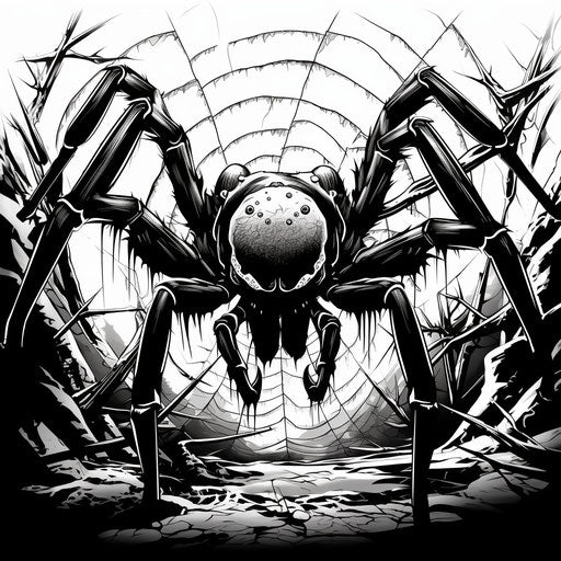 Monochrome spider drawing, graphic anamorphic style