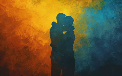 Silhouette of a man and a woman embracing, light and dark