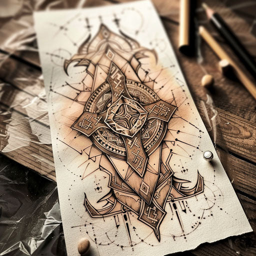 Elegant flat tattoo sketch of a rune with intricate mandala