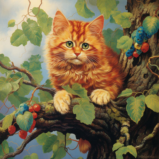 Louis Wain cat laying on a tree branch