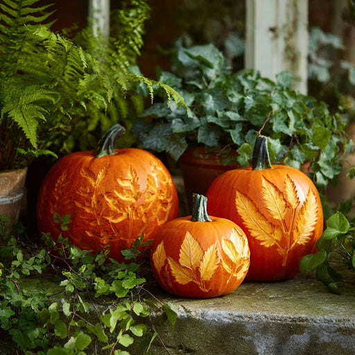 Carved pumpkins with leaf designs among green foliage