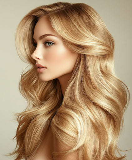 Beautiful woman with blonde long hair and side-parted hairstyle