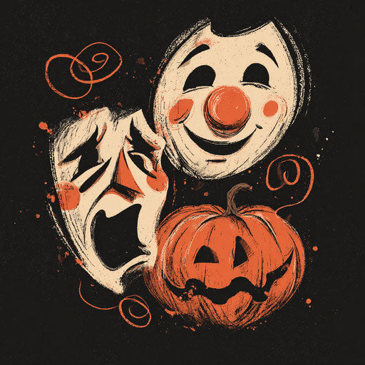 Stylized Masks Flanking a Glowing Pumpkin