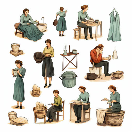 Household chores illustration in Chiaroscuro Art style on white background