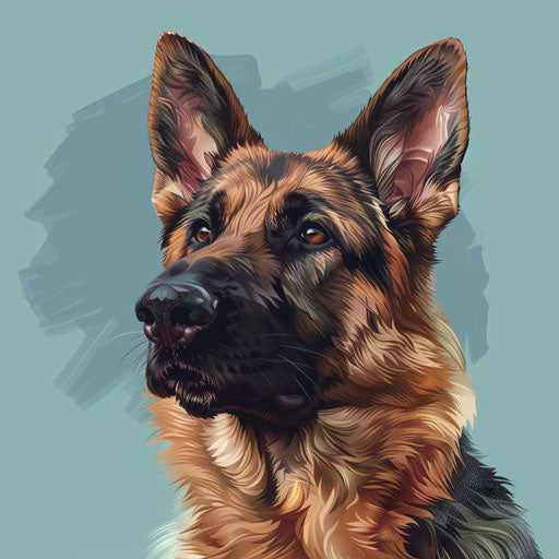 German shepherd clipart in photo realistic style with flat blue background, soft focus and light texture