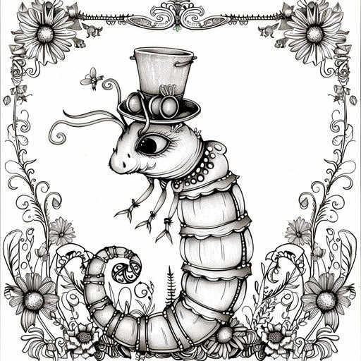Whimsical caterpillar in top hat and monocle