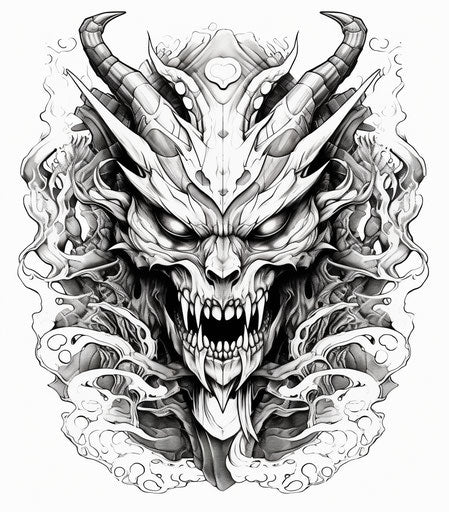 Black and white skull illustration, twisted futurism