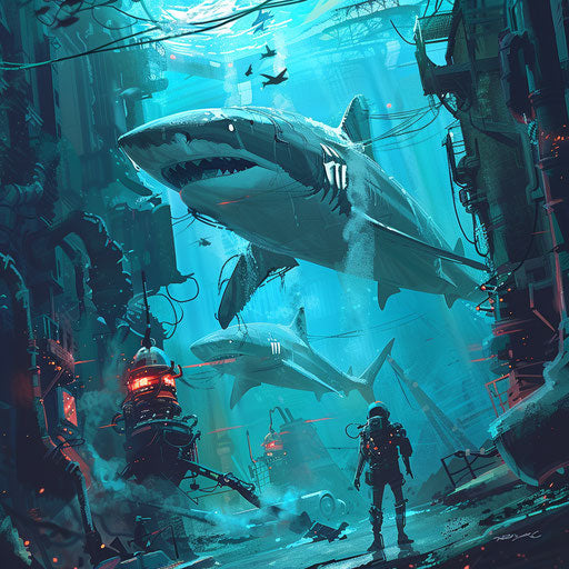 Sharks and robots interact in a futuristic underwater world