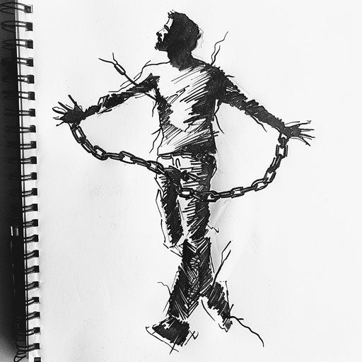 Bold line flat tattoo sketch of a human silhouette breaking free from chains, freedom theme