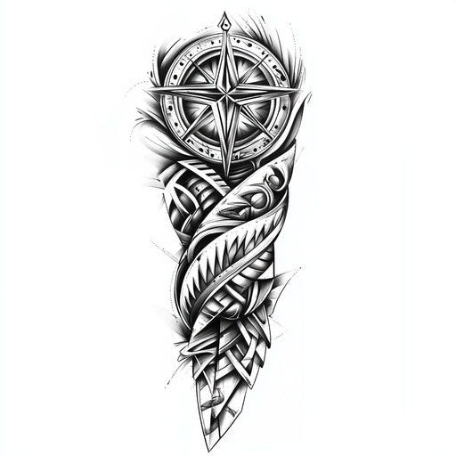 Flat tattoo sketch of Viking sleeve with Nordic compass