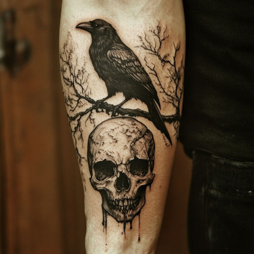 Inner forearm tattoo with gothic raven on skull