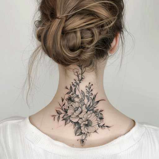 Neck tattoos for women in the style of Maria Sibylla Merian with floral designs