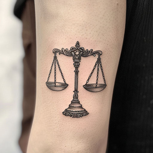 Bold black ink scales of justice on white background