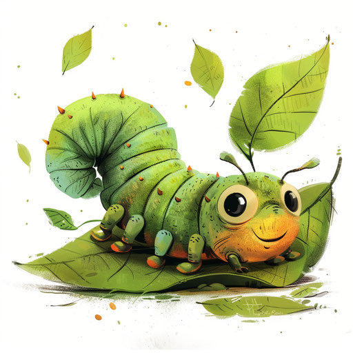 Cartoon caterpillar munching on colorful leaf in vibrant greens and yellows on white background