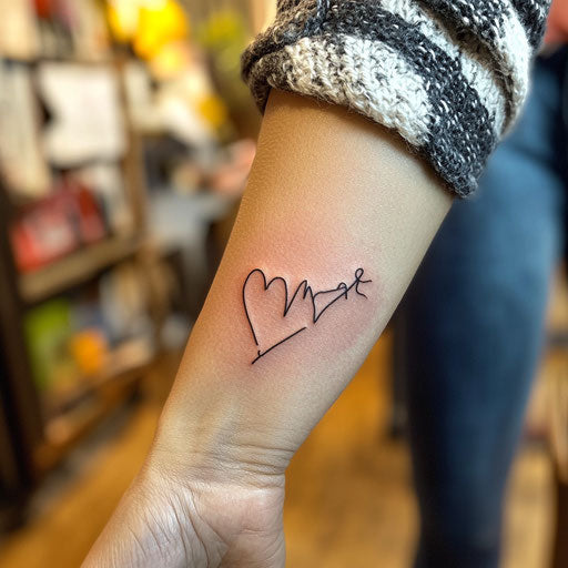 Daughter tattoos with a heartbeat line forming a heart on the wrist in the style of Adrian Smith