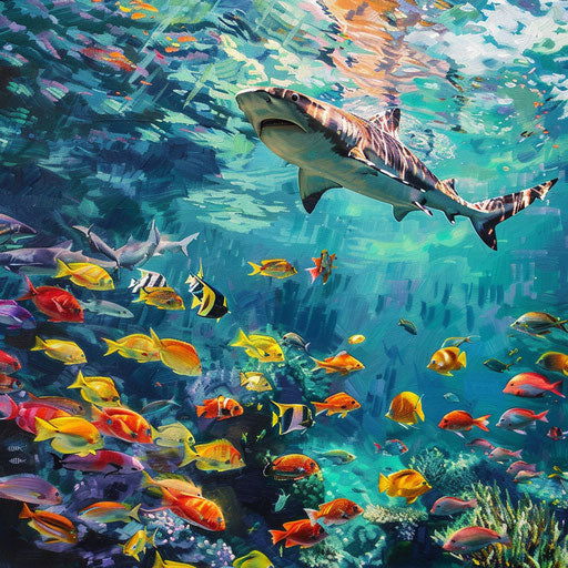 Contrast of tiger shark stripes moving through colorful fish