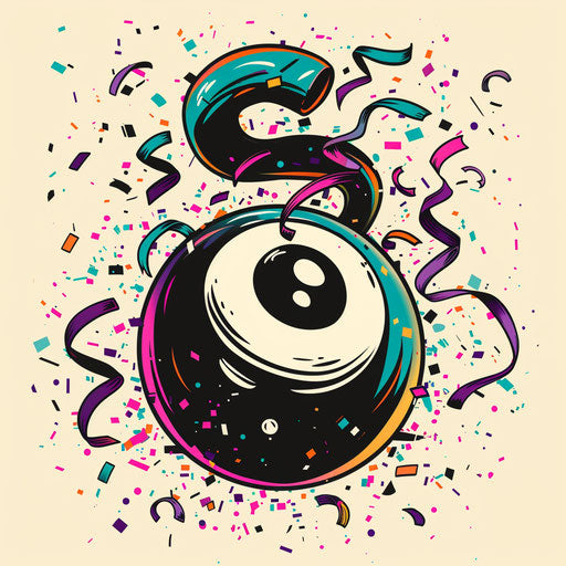 Pool ball with festive confetti and streamers