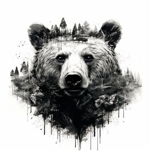 Bear with forest on head in black and white tattoo style
