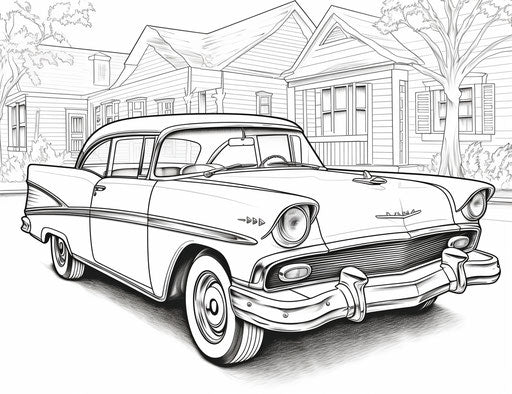 Vintage car coloring page, in the style of creased nostalgic yearning 31:24
