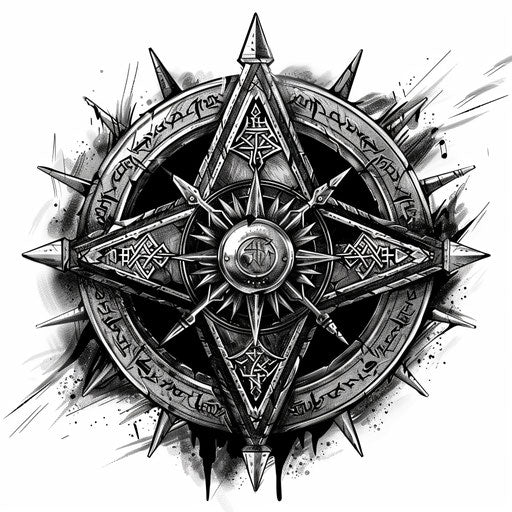 Mystical tattoo sketch of a Witcher's medallion surrounded by magical runes, silver and black, clipart style