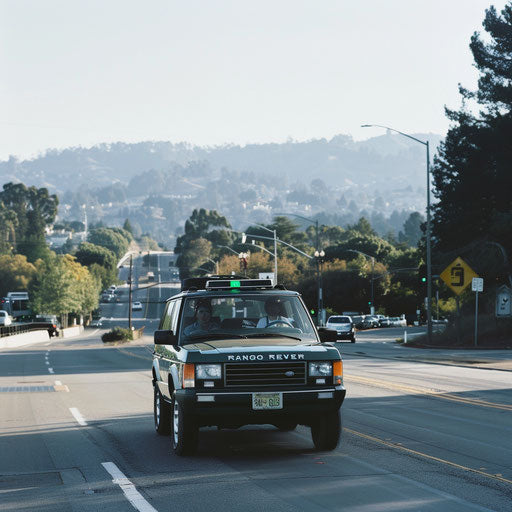 The 1994 Range Rover with a high-tech autonomous driving system navigating through Silicon Valley surrounded by technology companies.