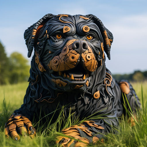 The rottweiler sitting on grass in a grassy yard