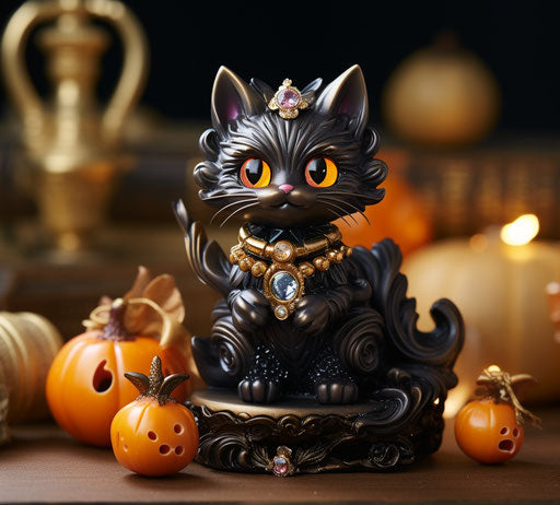 Black cat with pumpkins on mouth, resin jewelry style