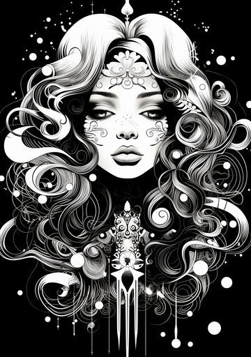 Black and white drawing of a young woman in a wiccan style