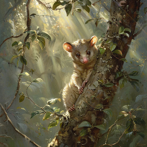 White-tail possum resting in tree's sunny embrace