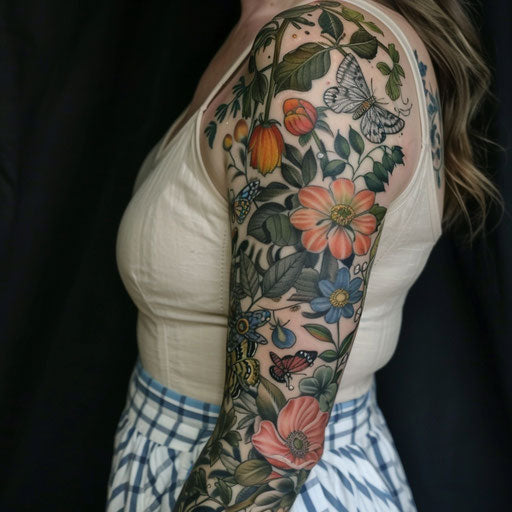 Botanical sleeve tattoos for women with flowers and butterflies