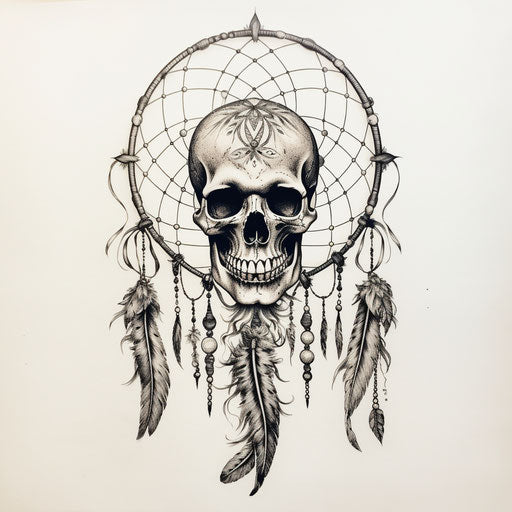 Skull in dream catcher, hand drawn and inked print