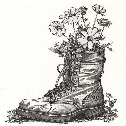 Detailed black ink drawing of a military boot with wildflowers growing out, life and death, on white paper
