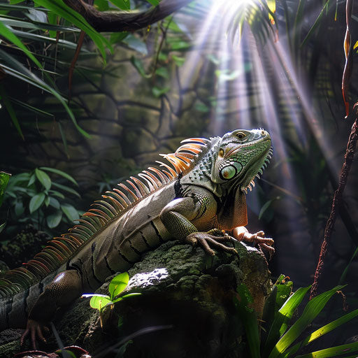 An iguana basking on a sunlit rock in a lush rainforest