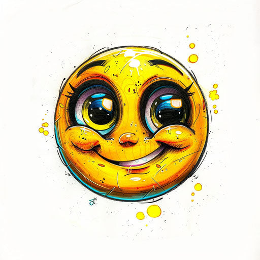 Cartoonish and cute smiley face tattoo drawing, bright and cheerful, on white