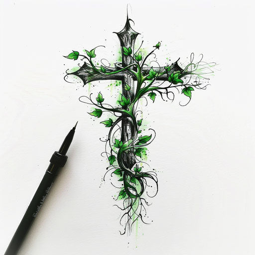 Simple cross with vine wrapping, green and black ink tattoo design on white background