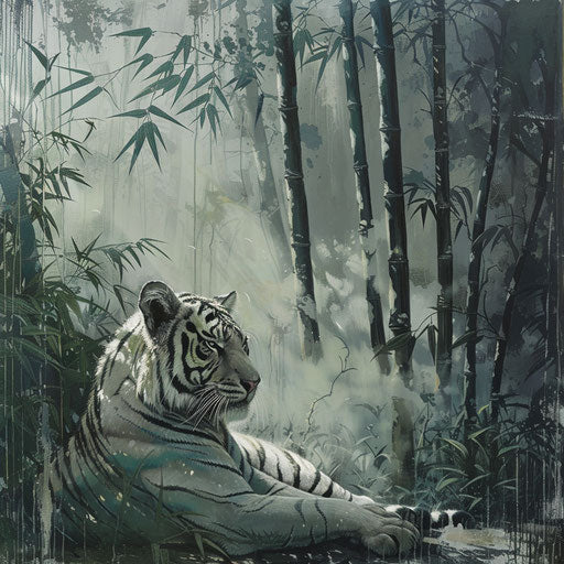 White tiger resting under towering bamboo in misty habitat