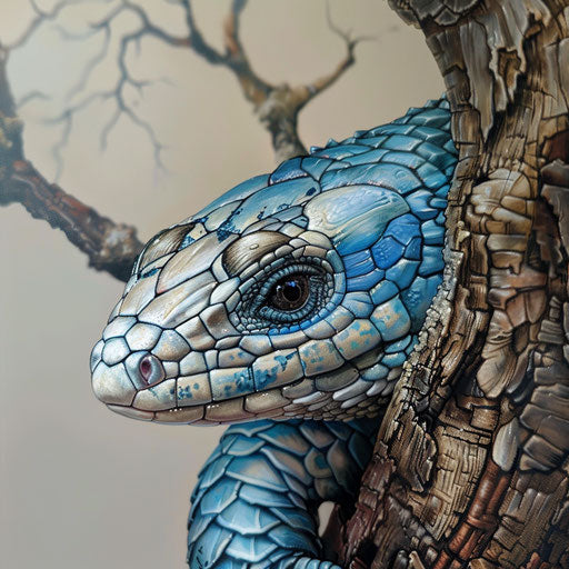 Blue tongue skink on a tree branch with detailed scales