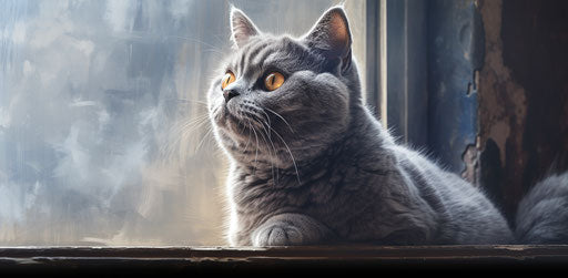 Blue cat sitting on indoor window sill