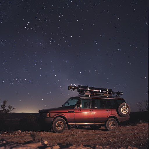 Mobile astronomy lab with telescope mounted on 1993 Range Rover under starlit sky