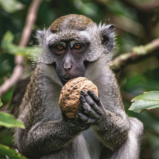 Vervet monkey cracking nuts with stone in lush setting