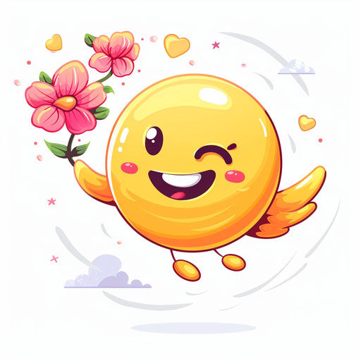 Cute yellow smiley flying with pink flowers