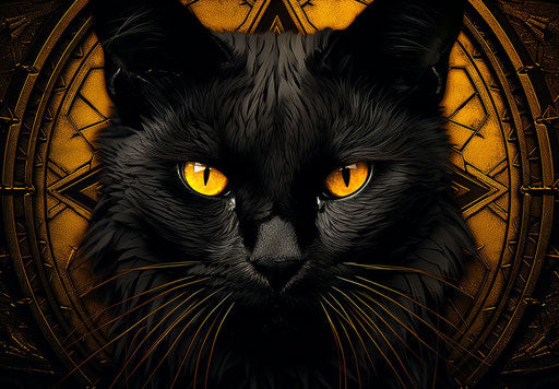 Symmetrical black cat, dark yellow style, wiccan 33:23